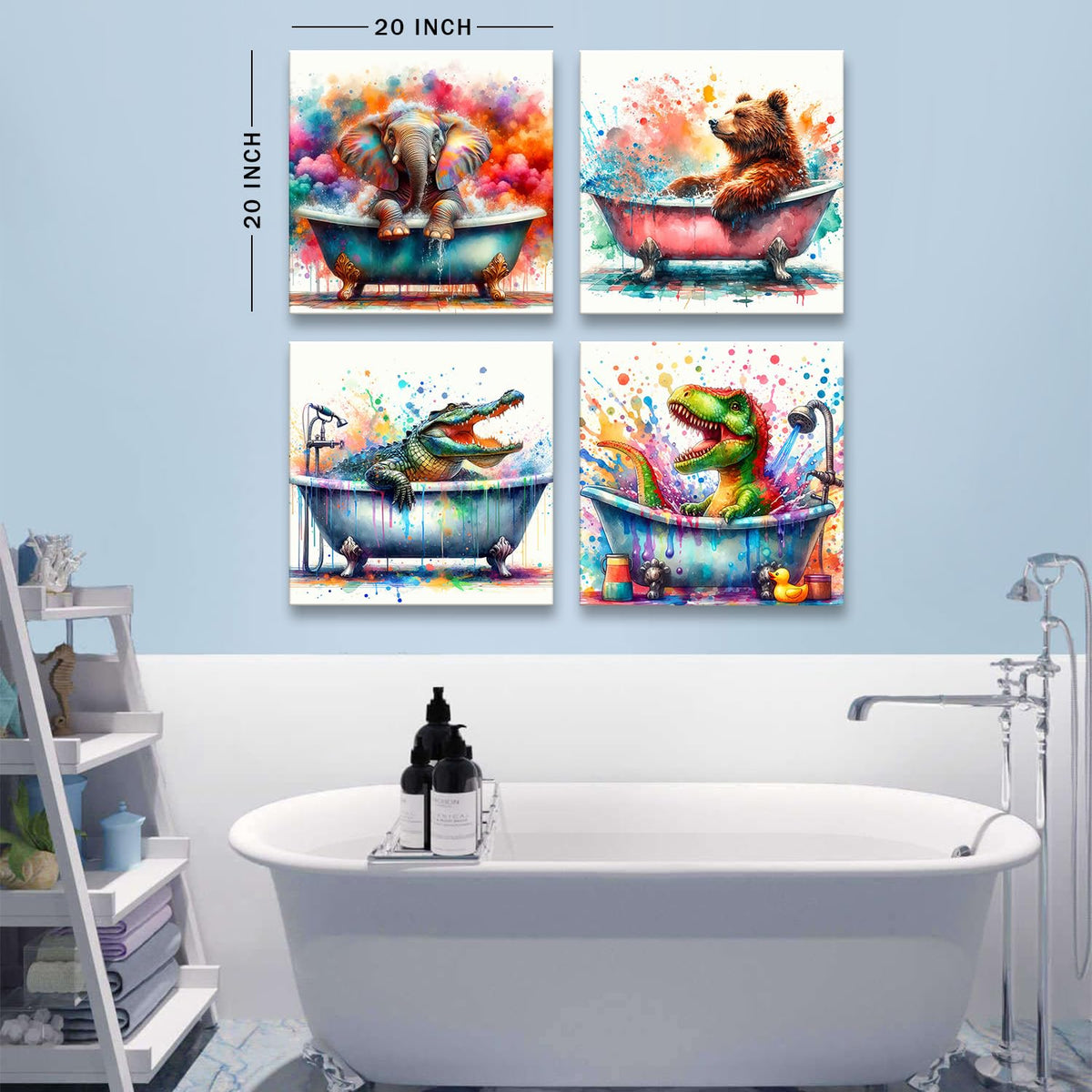 Funny Animal Bathroom Wall Art Colorful Elephant Bear Canvas Pictures Nursery Bathroom Wall Decor Creative Dinosaur Crocodile Baby Animals in Bathtub Posters 20x20" 4P (20"L x 20"W / Wildlife)