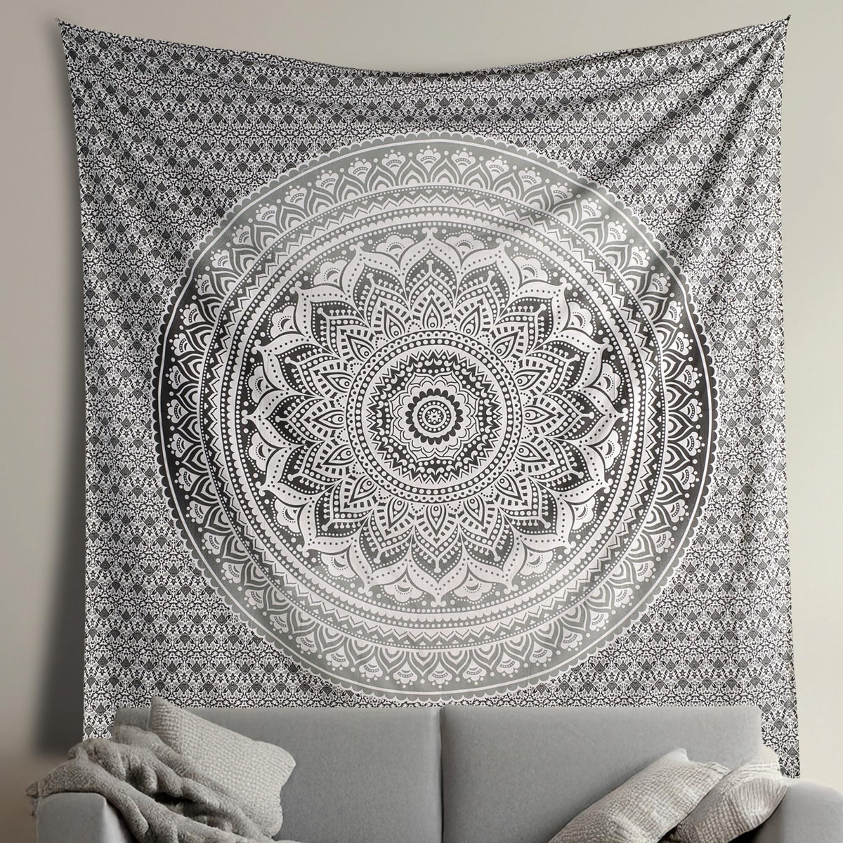 Grey Black Cotton Tapestry Mandala Wall Hanging (Grey and White / 30"L x 40"W)