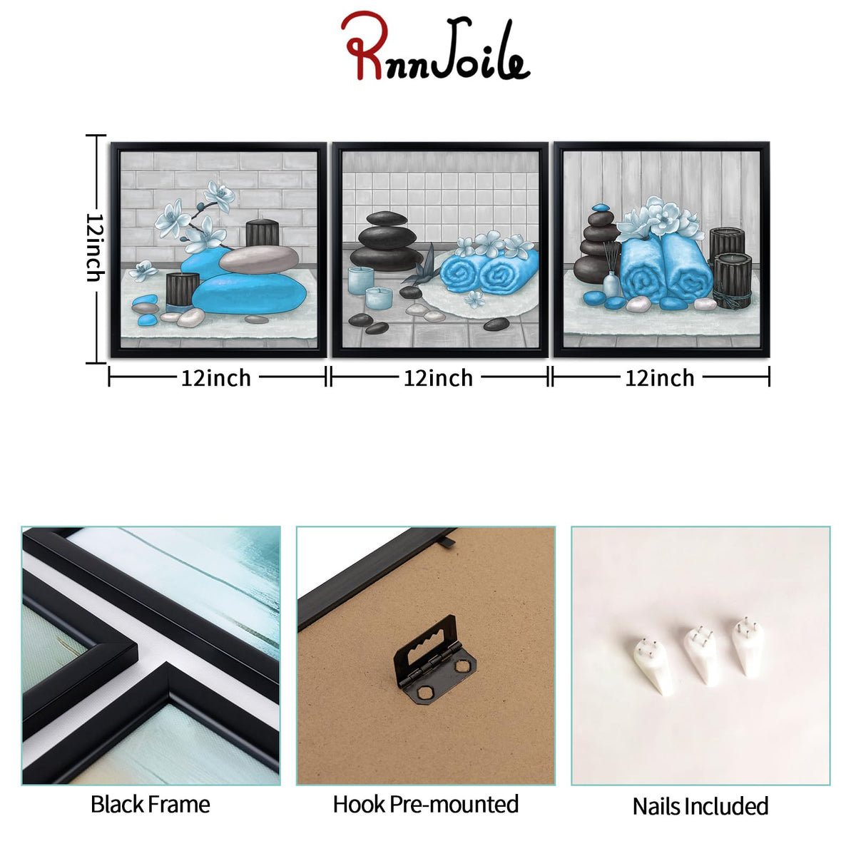 Zen Wall Art Decor Blue Bathroom Pictures Painting with Black Frames 12"x12" for Each (Light Blue)