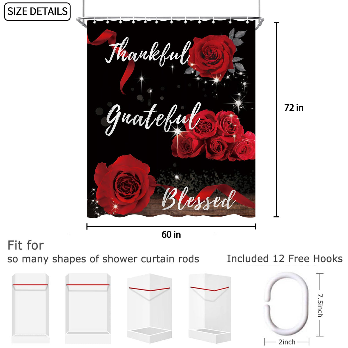 Red Rose Shower Curtain 60"X72" Inspirational Thankful Grateful Blessed Shower Curtain Set for Bathroom Flower Wooden Waterproof Bathtub Curtain Decor Quotes Bathroom Curtain with 12 Hooks (60"W x 72"L (Pack of 1) / Flower Rose Red)