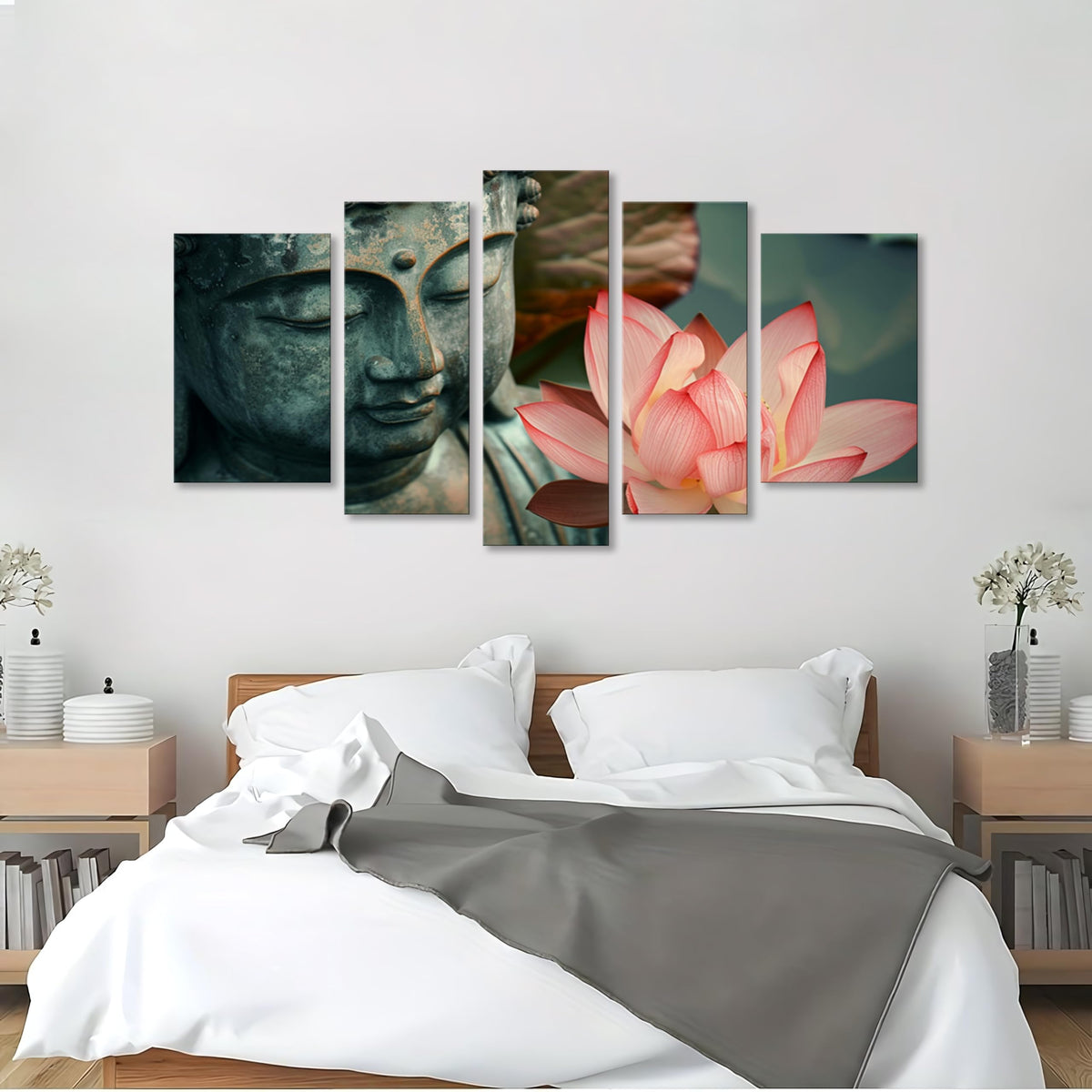 5Pcs Zen Buddha Lotus Flower Canvas Wall Art Spiritual Decor for Meditation Peaceful Home Decor Asian Cultural Symbolism Tranquil Art for Living Room Bedroom Office Ready to Hang (10"L x 16"W, 8"L x 20"W, 8"L x 24"W / 5PCS-Buddha)