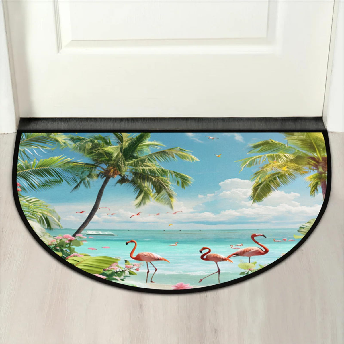 Half Round Doormat Summer Flamingo Beach Flowers Non Slip Half Circle Area Rugs Indoor Washable Half Moon Rug Semi Circle Bathroom Runner Mat Entrance Floor Carpet for Kithen Bedroom Fireplace Decor (B 05)