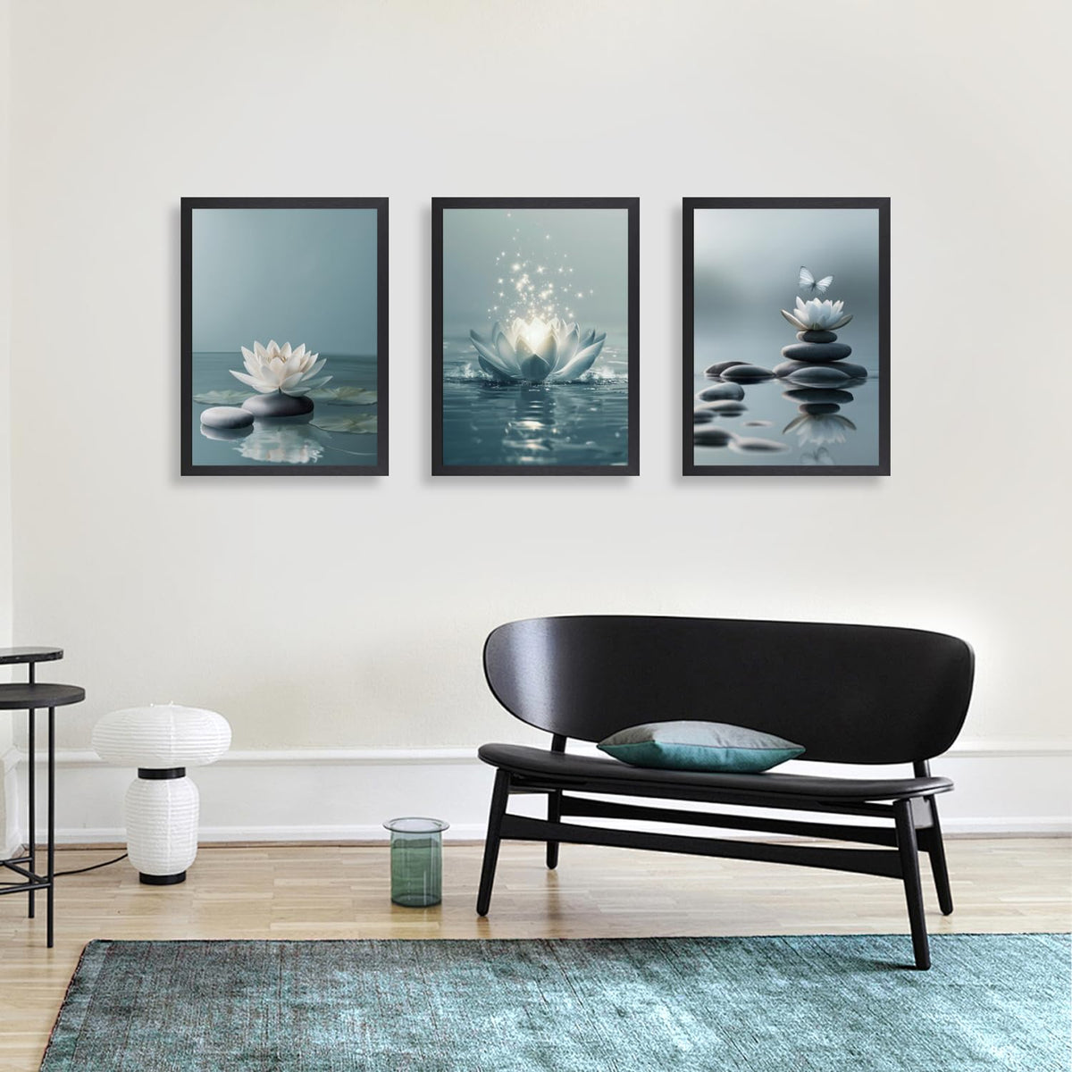 Wood Framed Lotus Flower Zen Stones Wall Art Set of 3 (Zen(Wood) / 16"L x 12"W)