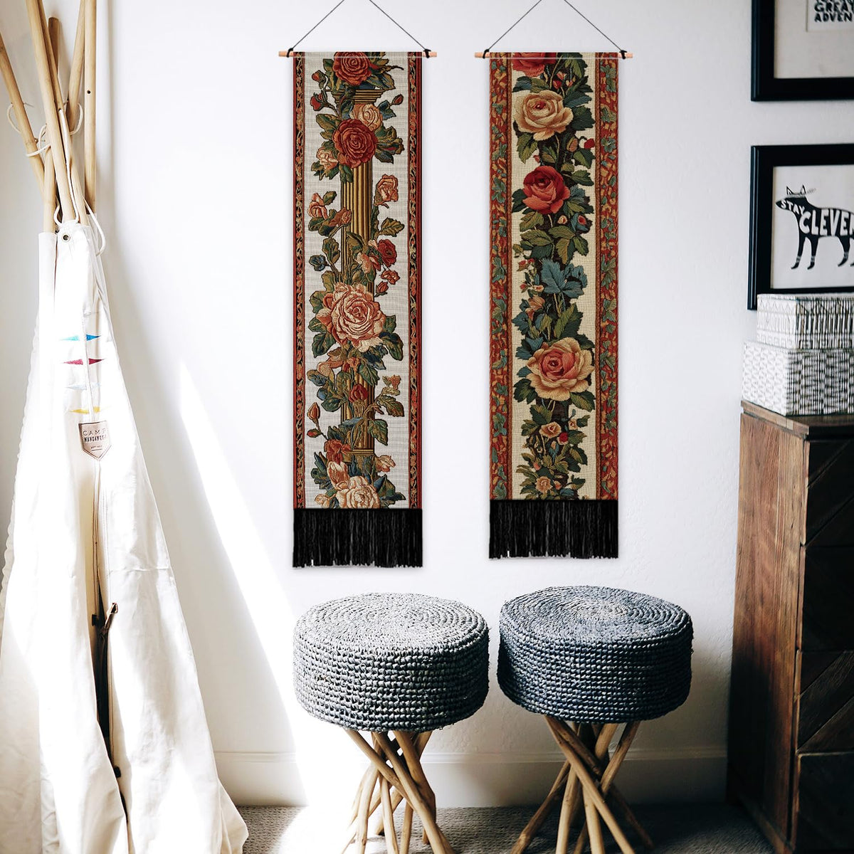 2 Pack Vintage Floral Tapestry with Tassels (red,green)