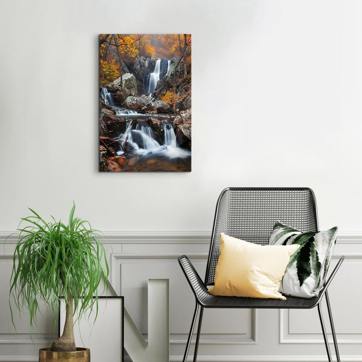 Nature Waterfall Wall Art Mountain Pictures Wall Decor National Park Posters Orange Forest Trees Pictures Autumn Stream River Canvas Painting Artwork for Bathroom Living Room Home Decoration 16x24" (24"L x 16"W / Fall Waterfall01)