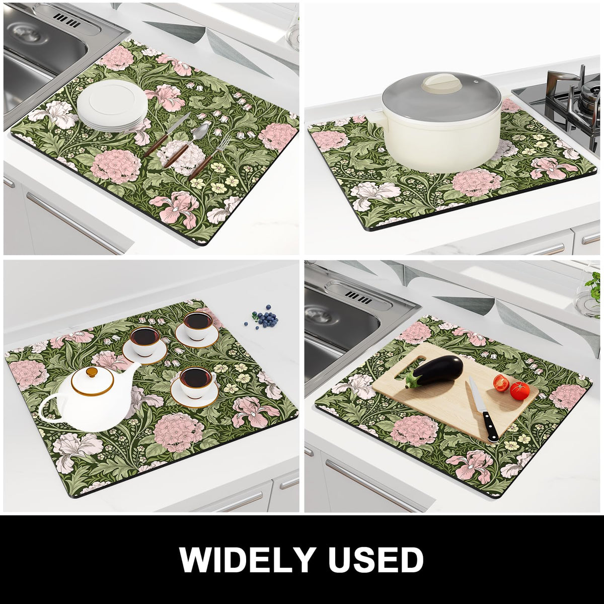 Dish Drying Mat for Kitchen Counter (Pink Iris Hydrangea / 16" x 18")
