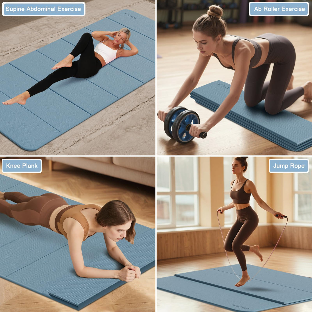 Foldable Yoga Mat 10MM Thick 75‘’x40‘“ Quick Fold Easy Storage (Blue Gray)