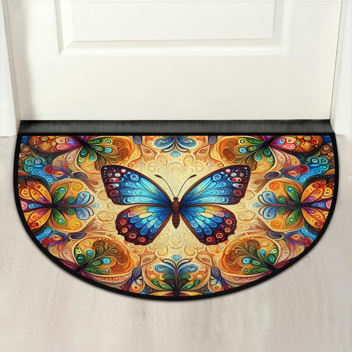 Colorful Butterfly Half Round Mat Half Moon Door Rug Washable Durable Semi Circle Carpet Floor mats for Indoor Outdoor Bathroom Kitchen Patio Hearth Rug Laundry Room Home Decoration (D 025)