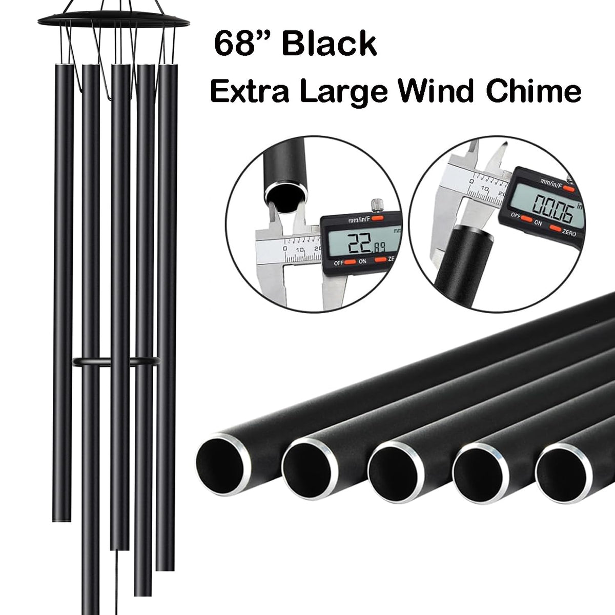 68” Large Wind Chimes for Home Garden Decor (Black-68 Inch-5 Tubes)