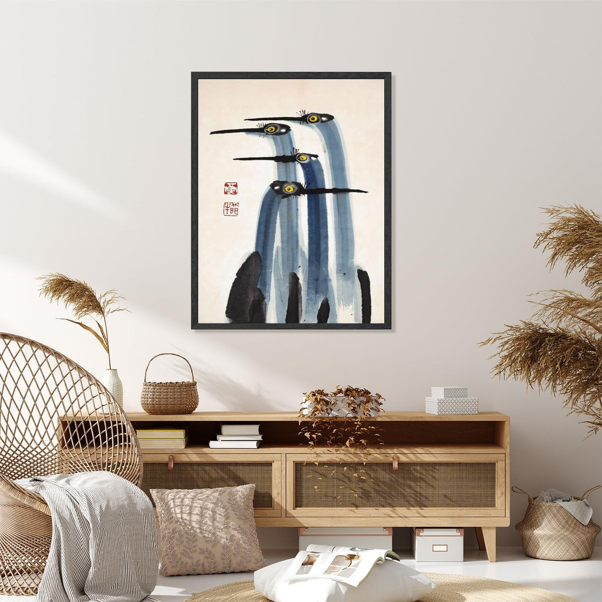 Antique Crane Watercolor Canvas Print Japanese Wall Art Traditional Asian Bird Painting Vintage Farmhouse Poster Minimalist Wall Decor for Living Room Bedroom Hallway 8x12inch Black Frame (8"L x 12"W / style-1 Black Frame)