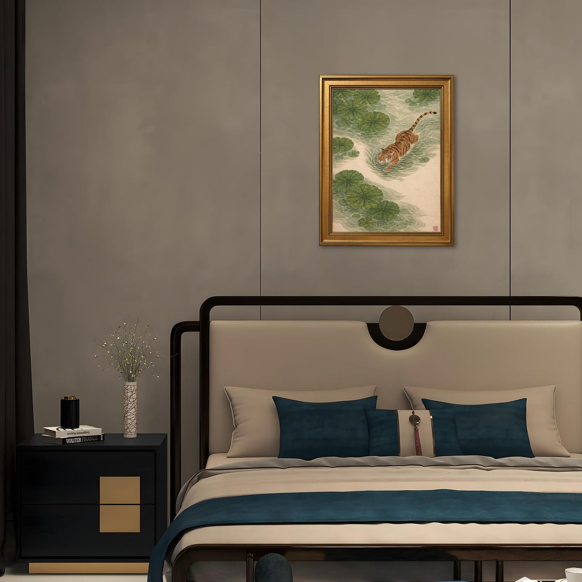 Japanese Tiger Wall Art Prints Vintage Asian Pond Painting Zen Nature Animals Posters Tiger in Lotus Pond Artwork Oriental Animal Nature Wall Decor for Living Room Bedroom 24x36inch Golden frame (style-5 Vintage Golden frame / 24"L x 36"W)