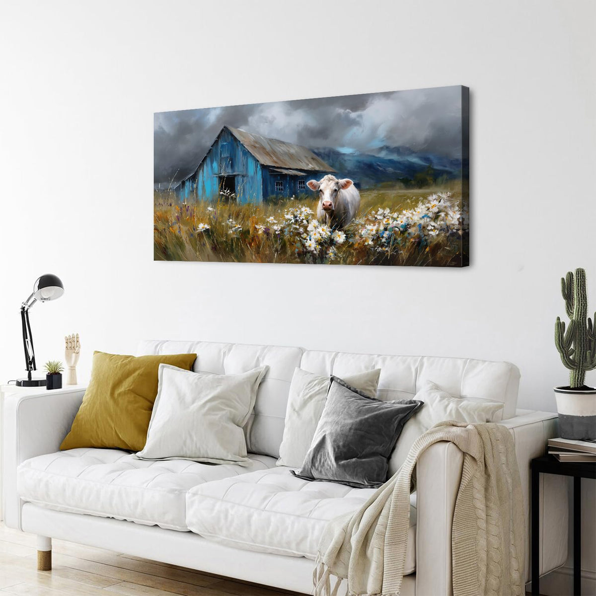 Farmhouse Cow Wall Art Rustic Barn Landscape Pictures Wall Decor Blue Barn Wildflower Field Canvas Prints Country Farm Animal Artwork for Living Room Dining Room Bedroom Home Decoration 24x48 (48"L x 24"W / Farmhouse)