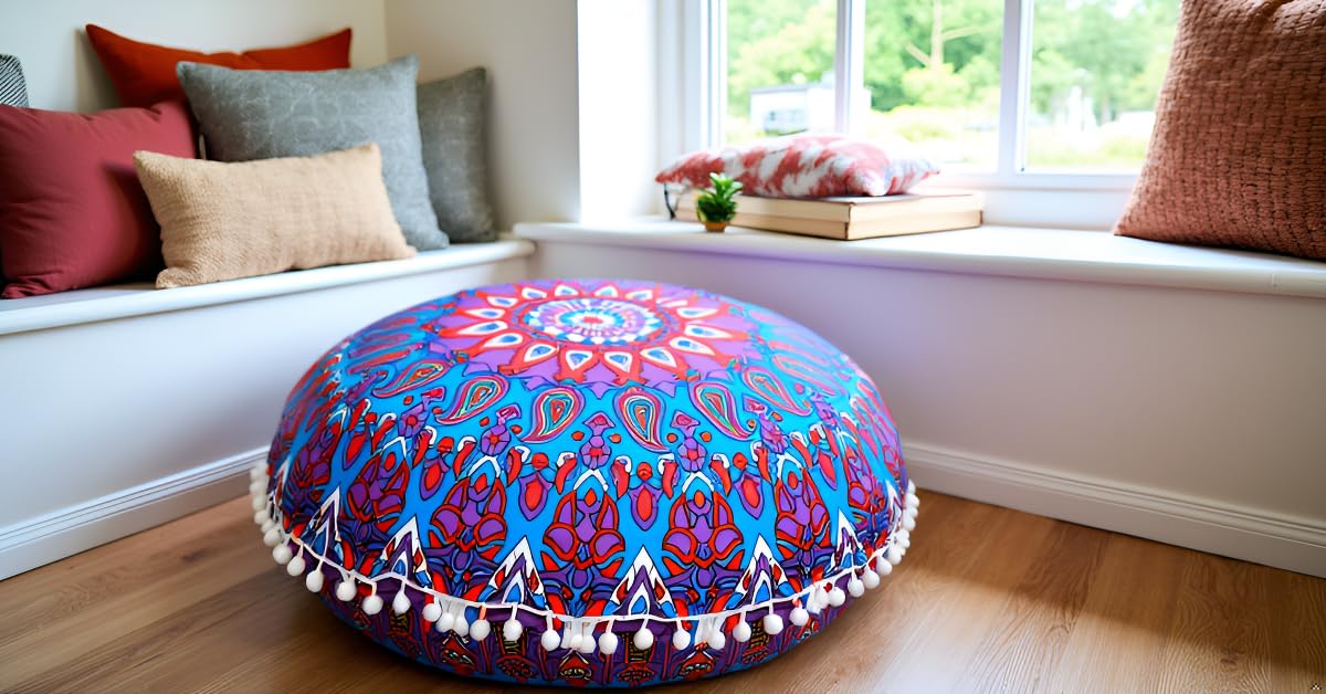 Round Mandala Floor Pillow Cover Seating Cushion Throw Cover Ottoman Pouf Cover Pom Pom Pillow Cases Hippie Decorative Bohemian Boho Indian 22 Inches (Purple Blue)