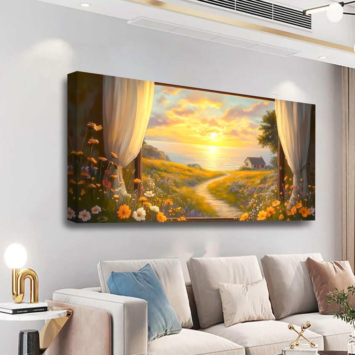 Sun Windows Flowers Pictures Canvas Wall Art for Living room Office Bedroom Wall Decor Abstract Wall Art Print Pink Flowers Oil Painting Artwork Ready to Hang (40"L x 20"W / Sun Windows Flowers)
