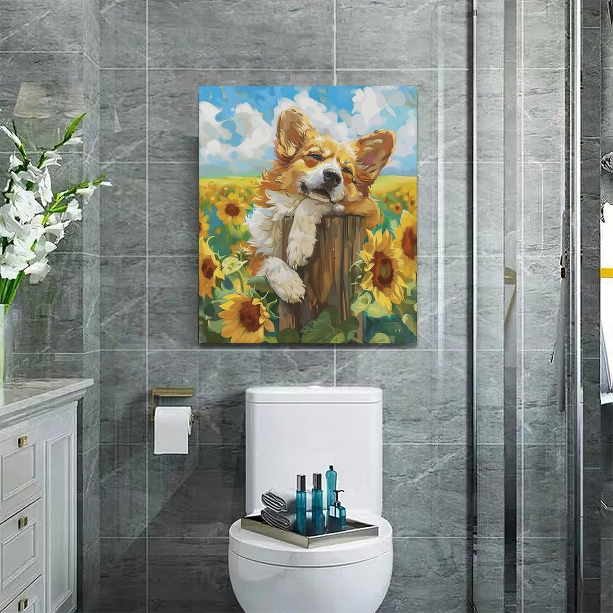 Dog Wall Art Country Sunflower Funny Corgi Pictures Wall Decor Farmhouse Canvas Painting Print Home Modern Artwork Decorations Framed for Bathroom Living Room Bedroom Office 20 x 24 inch (24L" x 20W" / Dog)