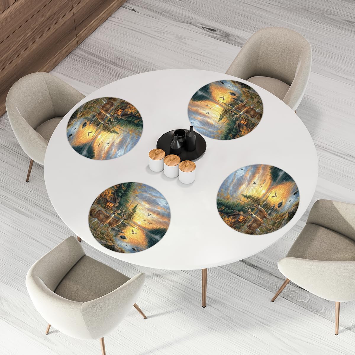 Autumn Deer Woven Placemats Round Placemats Set of 4 Festival Party (A 019 / 4 pieces)