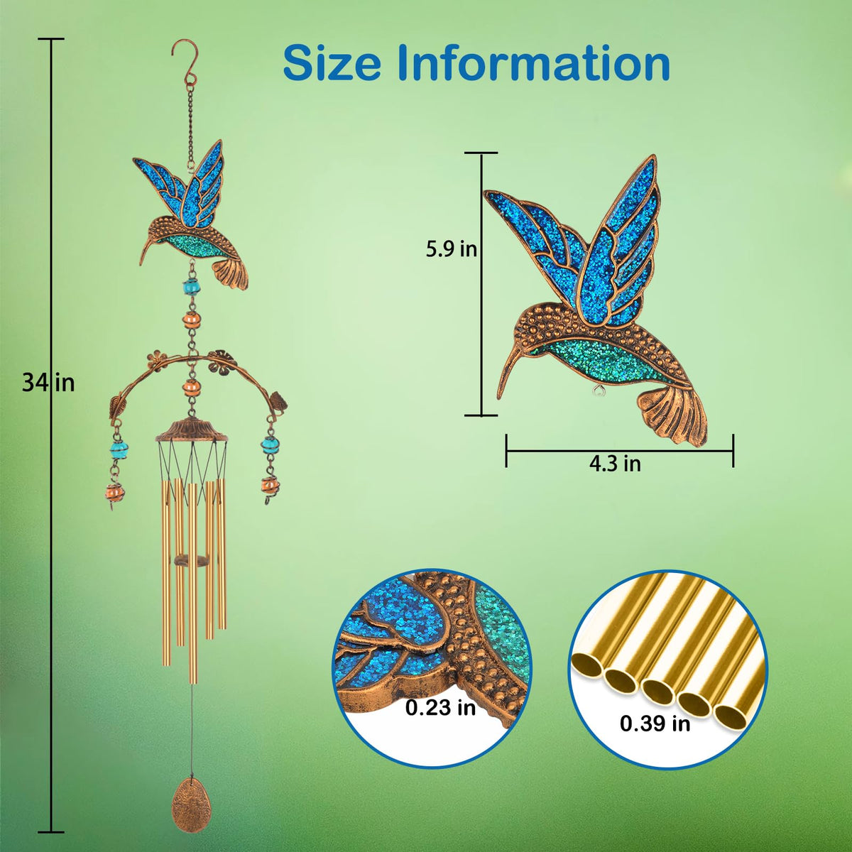 Hummingbird Wind Chimes for Outside (Blue Hummingbird)