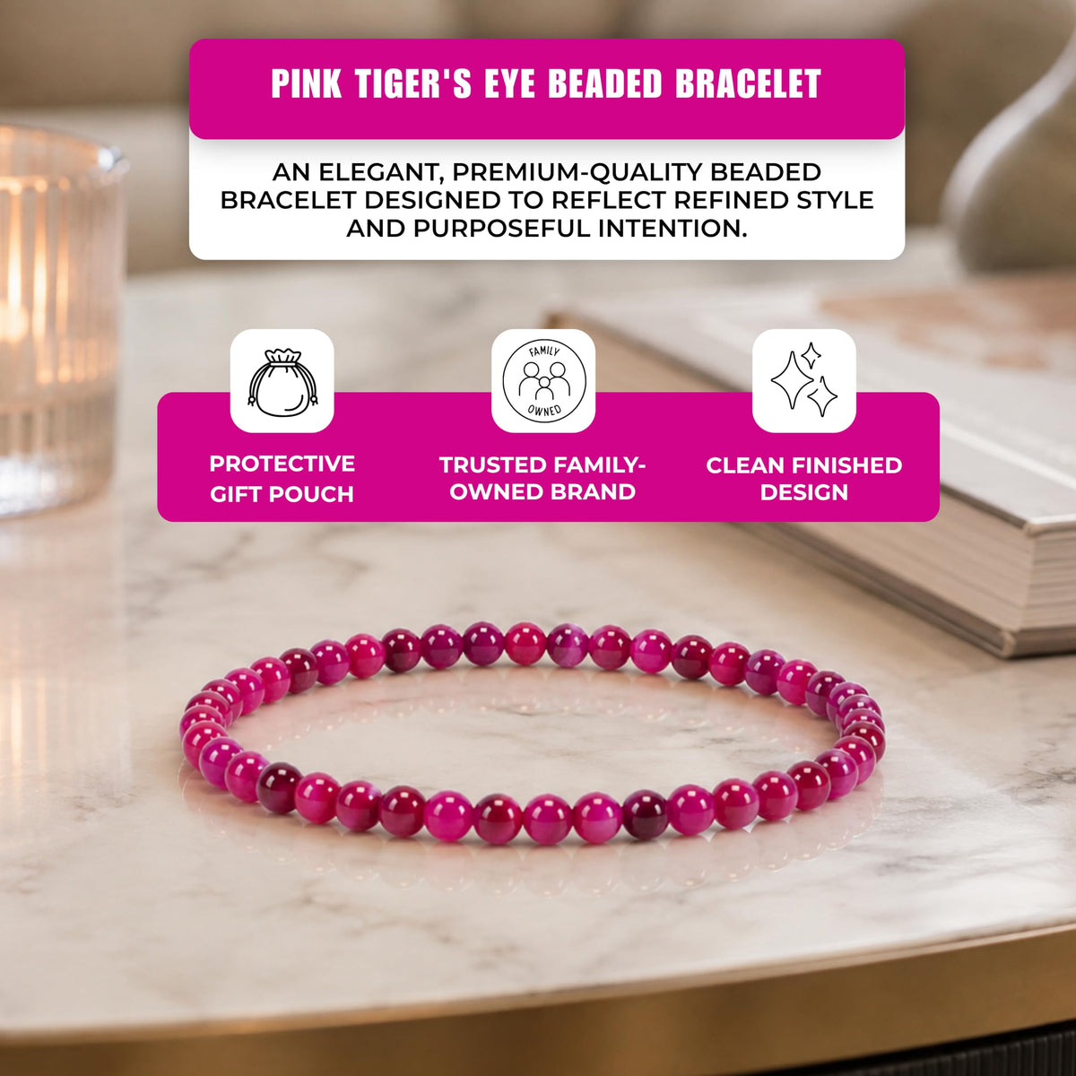 Pink Tiger's Eye Bracelet 4mm Beaded Bracelet (Pink Tiger's Eye / Large)