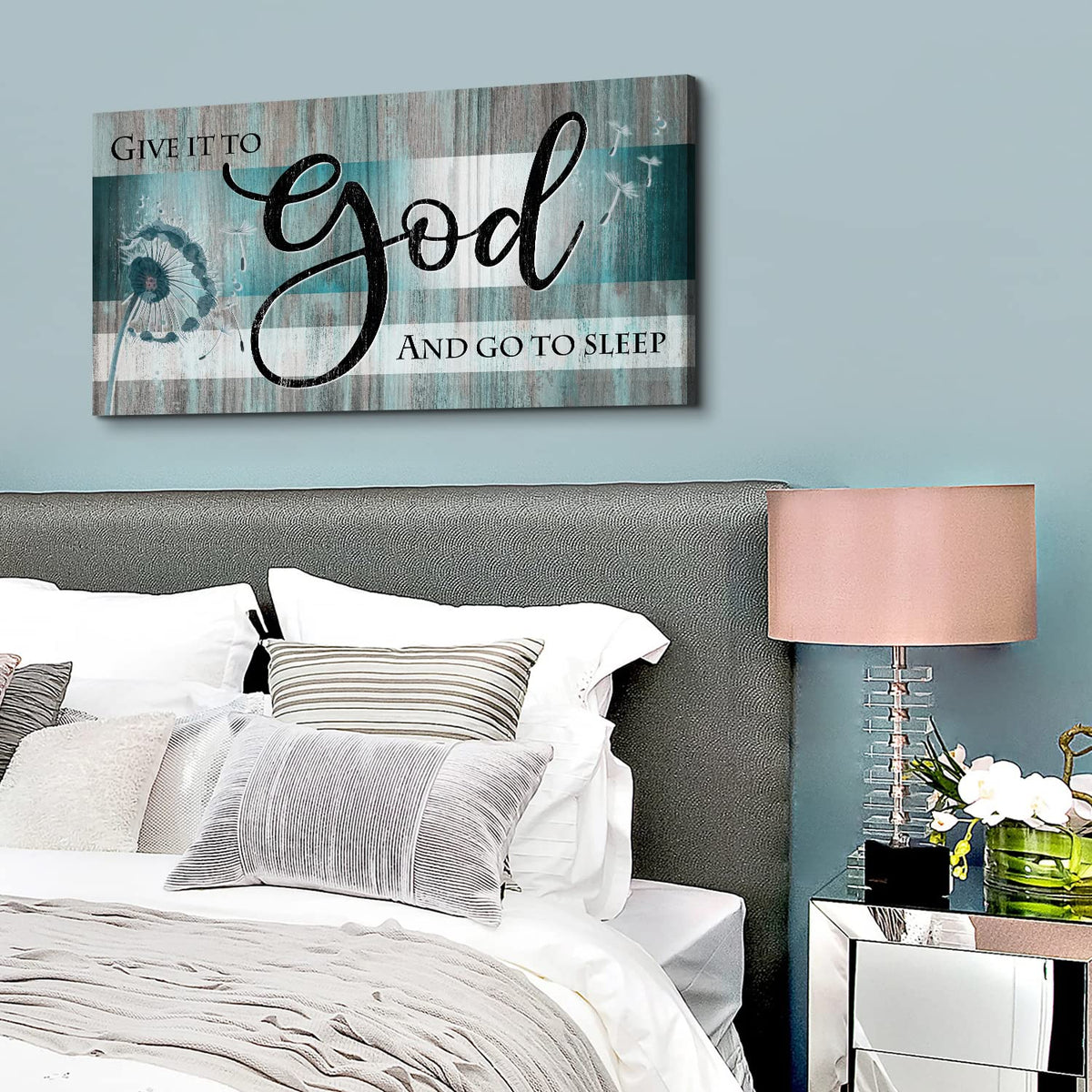Give It to God and Go to Sleep Sign Bedroom Wall Decor 20x40" Christian Bible Verse Wall Art Above Bed Wall Decor Teal Farmhouse Faith Quote Canvas Painting for Living Room Master Bedroom Decoration (40"L x 20"W / Bible Verses)