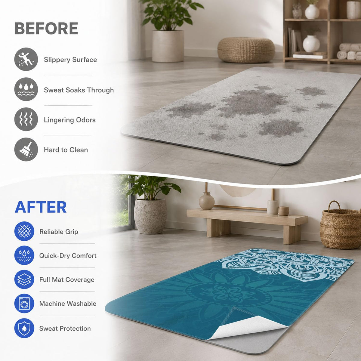 Yoga Mat Towel (Blue Flower-06 / Small)