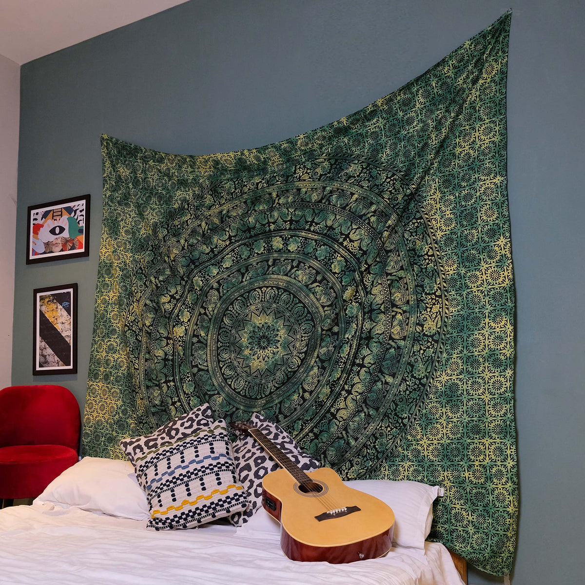 Cotton Mandala Tapestry (Green / 90"L x 108"W)