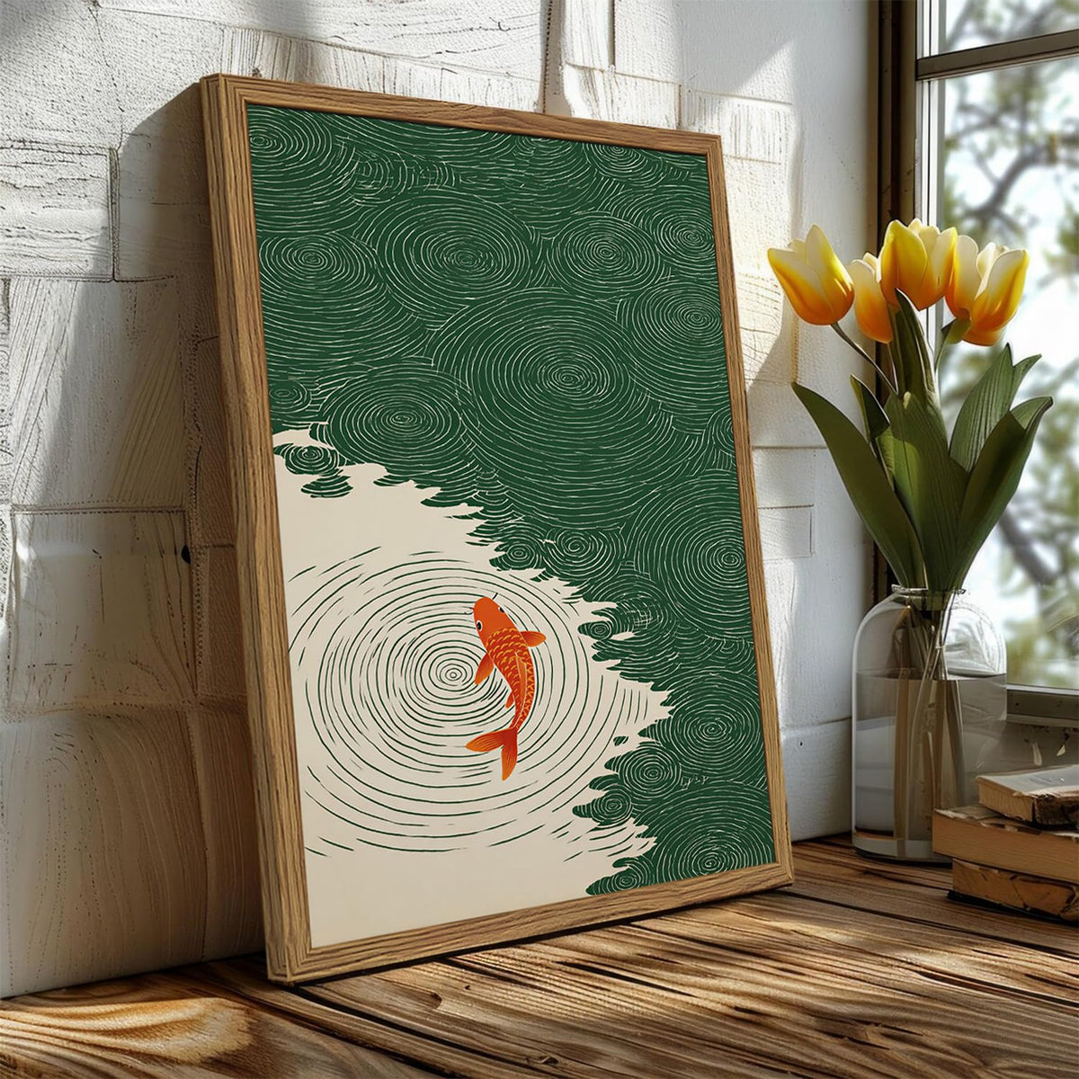 Japanese Koi Fish Wall Art Minimalist Asian Zen Wall Decor Picture Nature Water Animal Canvas Painting Print for Living Room Bedroom Bathroom 12x16 inch Wood Framed (Animal-E / 16"L x 12"W)
