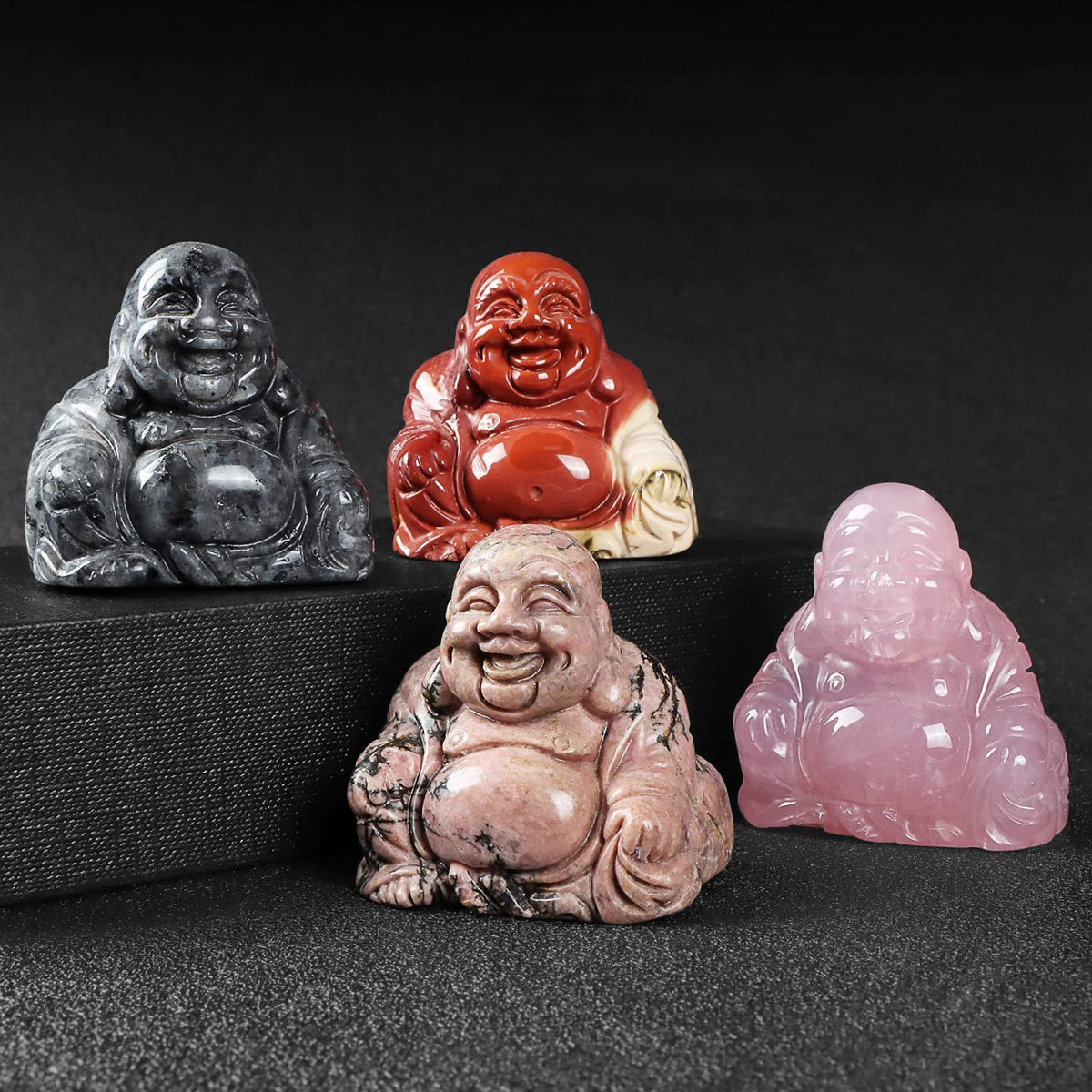2 Inch Crystal Happy Buddha Statue Hand Carved Laughing Feng Shui Figurines for Good Luck Wealth Happiness Home Decor Gifts (2 inch / Black Obsidian)