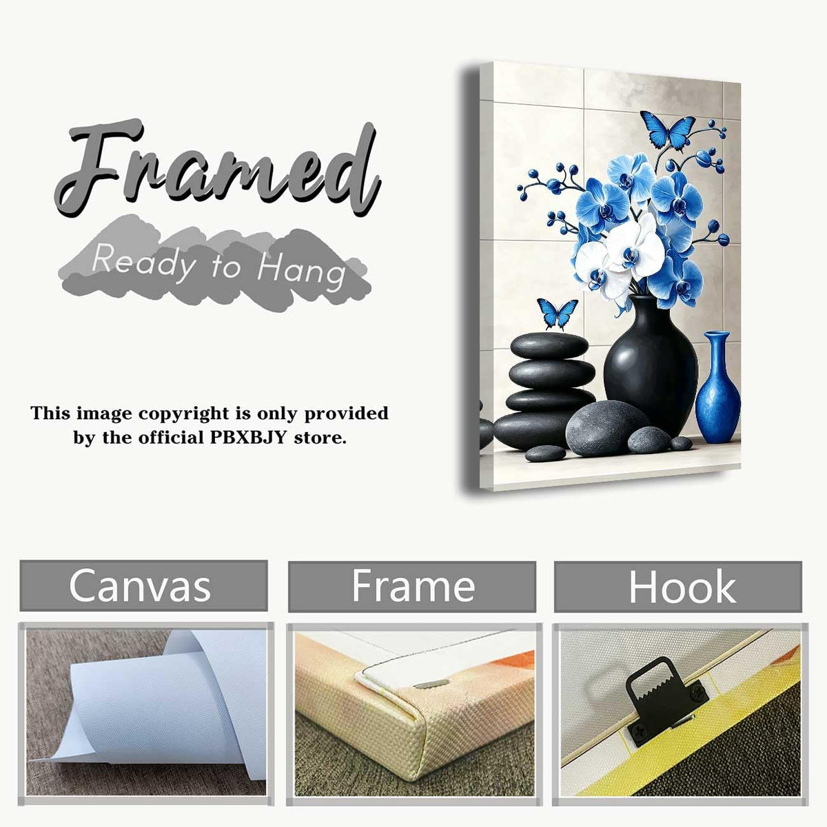 Orchid Flower Canvas Wall Art Zen Bathroom Pictures Prints Spa Stone Butterfly Wall Decor Black White Yoga Meditation Paintings for Living Room Bedroom (Blue / 20"L x 16"W)