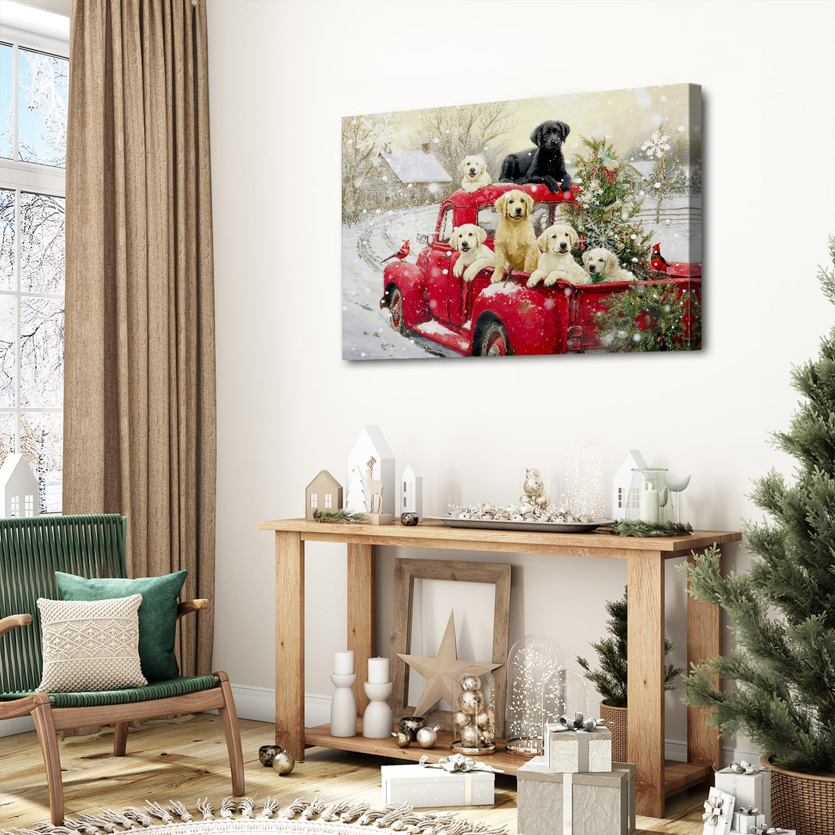 Vintage Red Truck Wall Art Christmas Tree Wall Decor Cute Farmhouse Puppy Pictures Retro Winter Christmas Scenic Poster Rustic Snow Country Artwork for Kitchen Dining Room Home Decorations 24x36" (36"L x 24"W / Xmas Puppy)