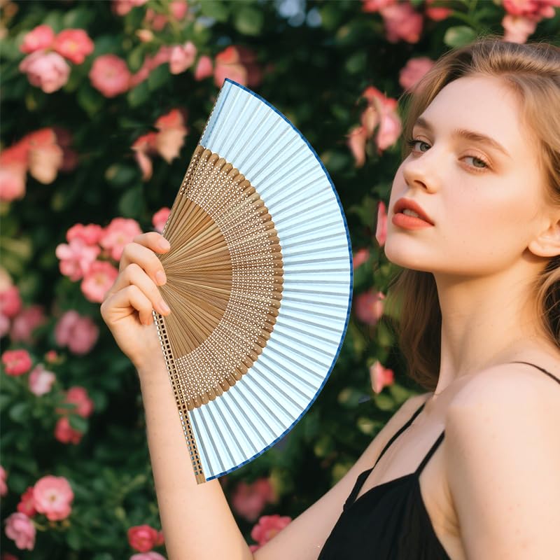 Hand Fan for Vintage Japanese Bamboo Silk Elegant for Dance Music Festival Wedding Church Decoration Party (Blue / Medium)