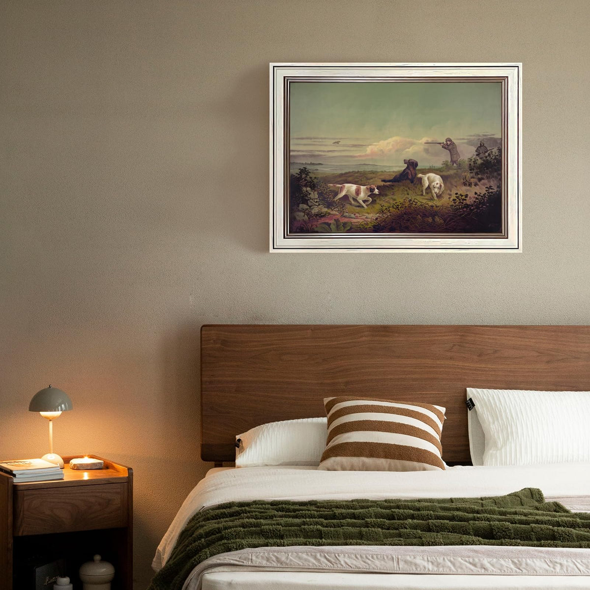 Framed Vintage Quail Hunting Landscape Wall Art Canvas Print Antique Americana Bird Wildlife Painting Hunt Poster Artwork Rustic Countryside Nature Picture Office Study Cabin Decor 16x24inch White (16"L x 24"W / Style-1 Retro White Frame)