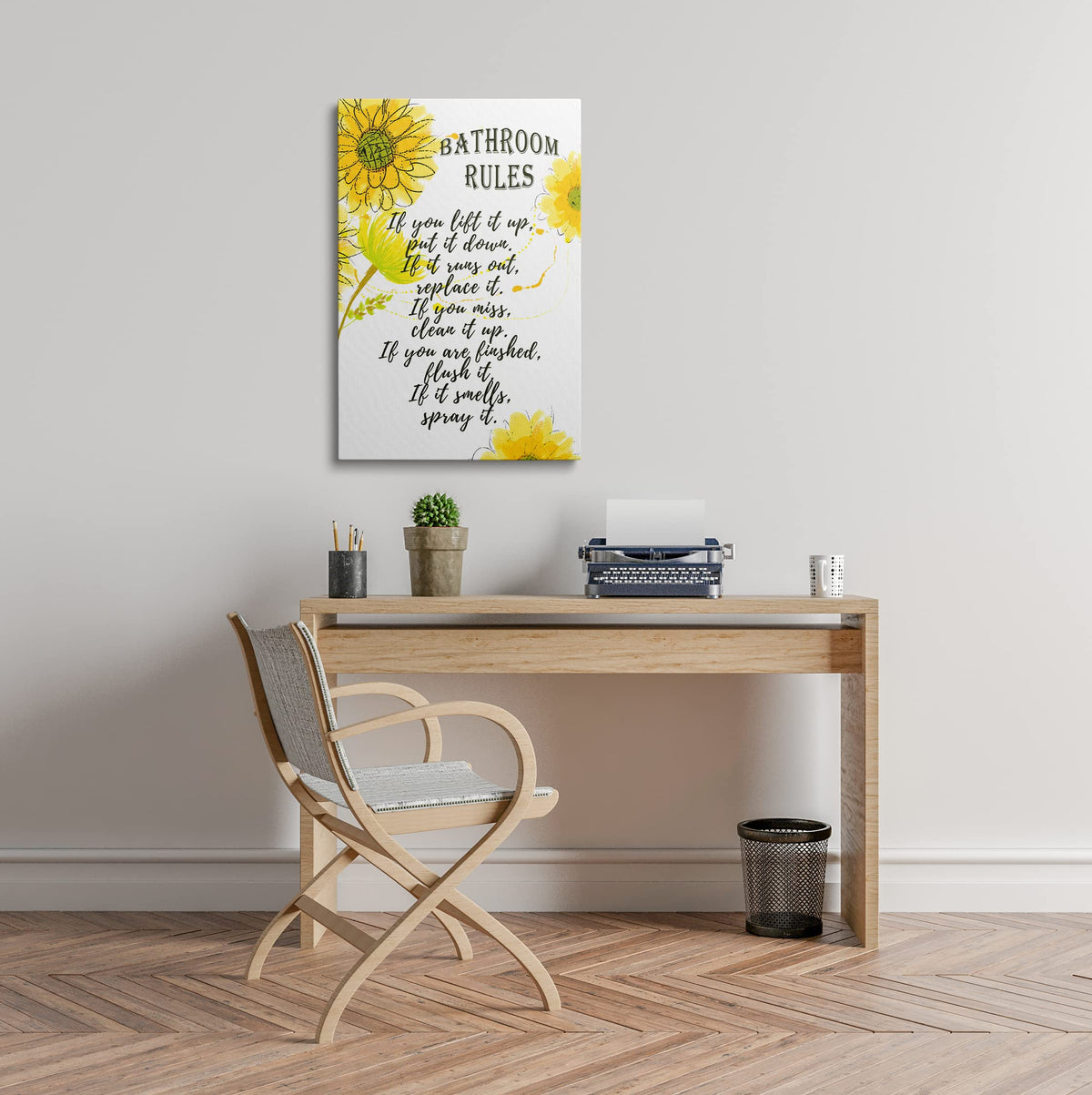 Framed Bathroom Rules Wall Art Yellow Flower Canvas Farm Decor 12x16 Inches (Bathroom Rules / 16"L x 12"W)