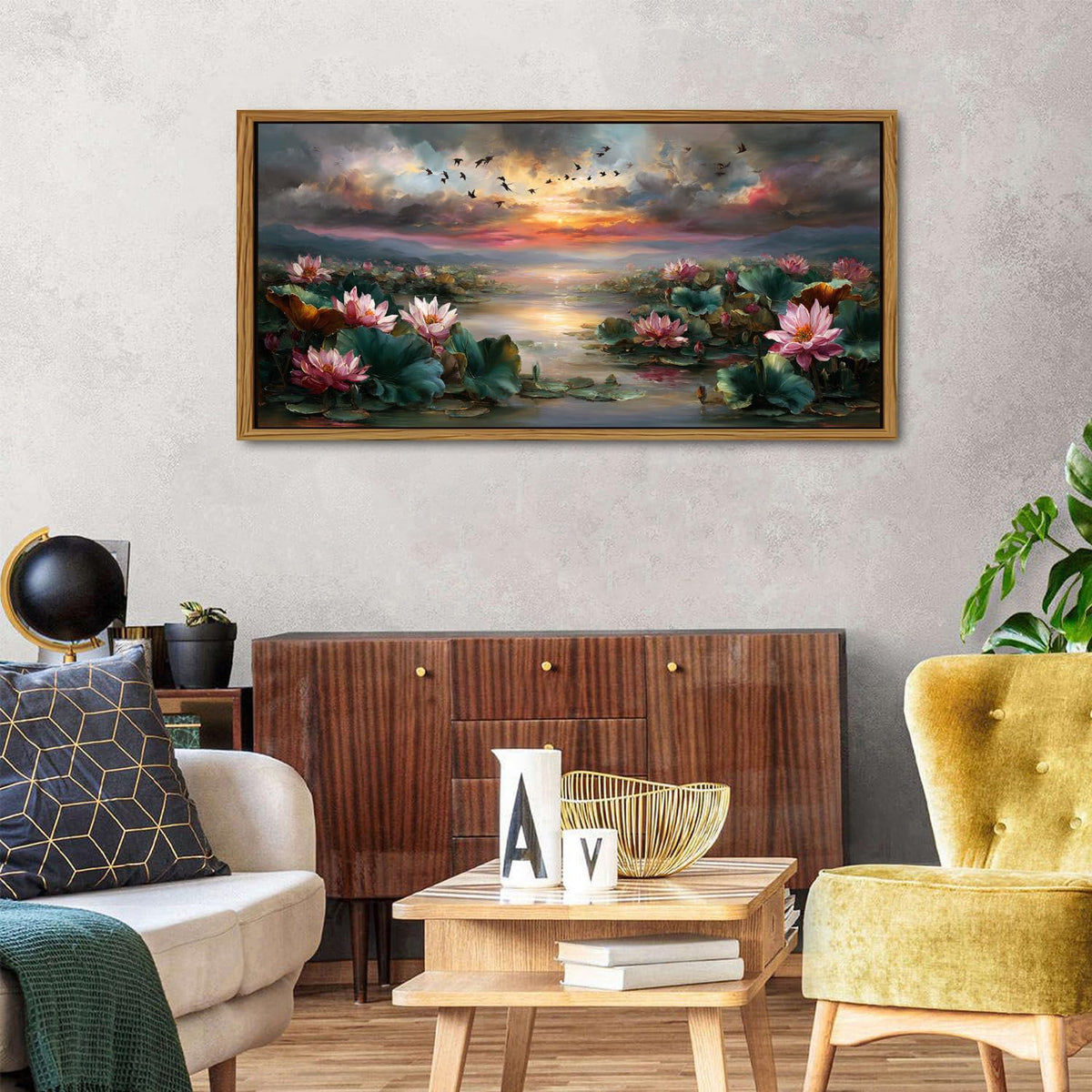 Framed Lotus Flower Decor Zen Wall Art Vintage Pink Floral Pictures Rustic Blooming Botanical Canvas Prints Farmhouse Wildflower Painting Dusk Artwork for Bedroom Living Room Home Decoration 24x48 (24"L x 48"W / Lotus)