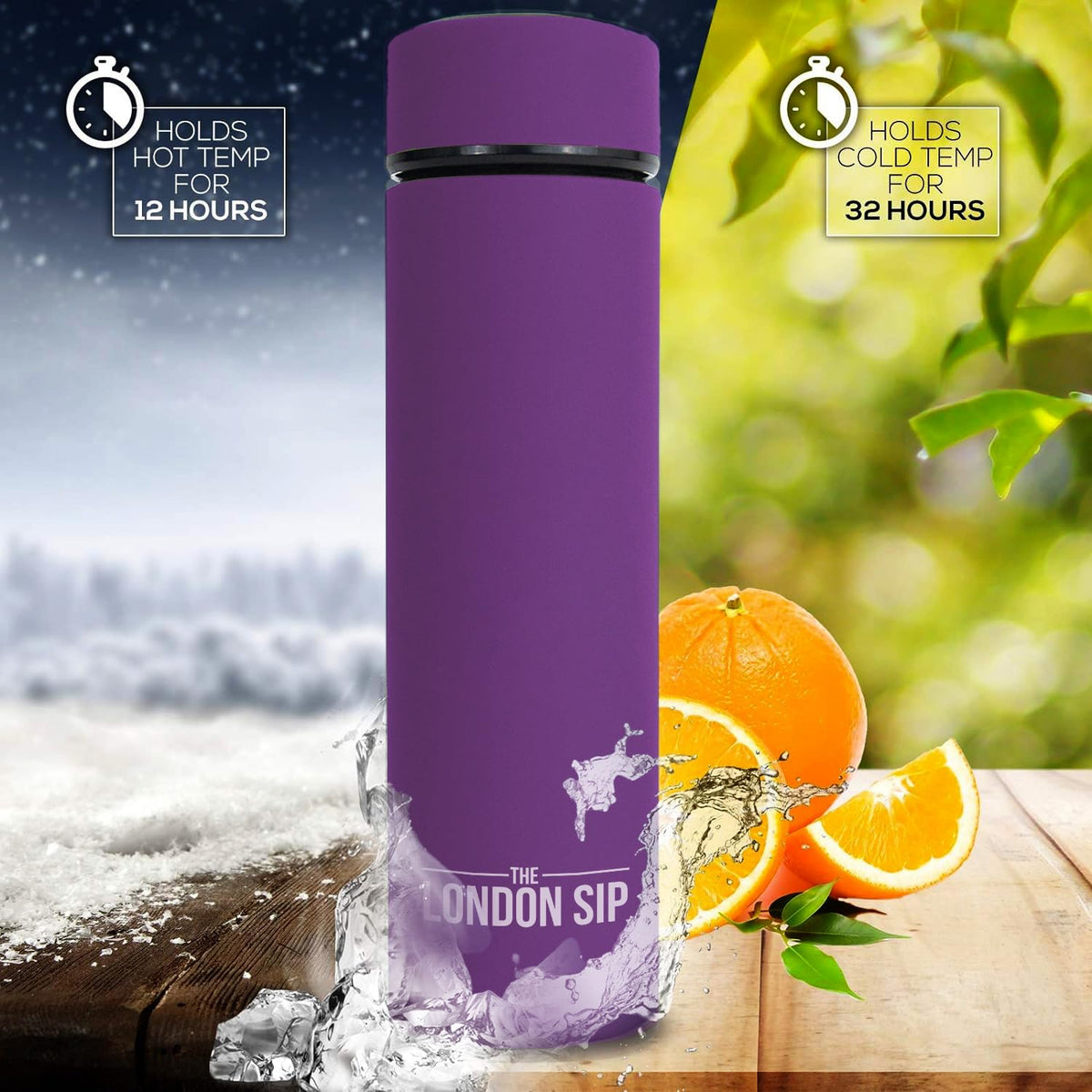 Multi Purpose Travel Mug and Tumbler Fruit Infused Flask Hot and Cold Double Wall Stainless Steel Thermos with Extra (Purple)