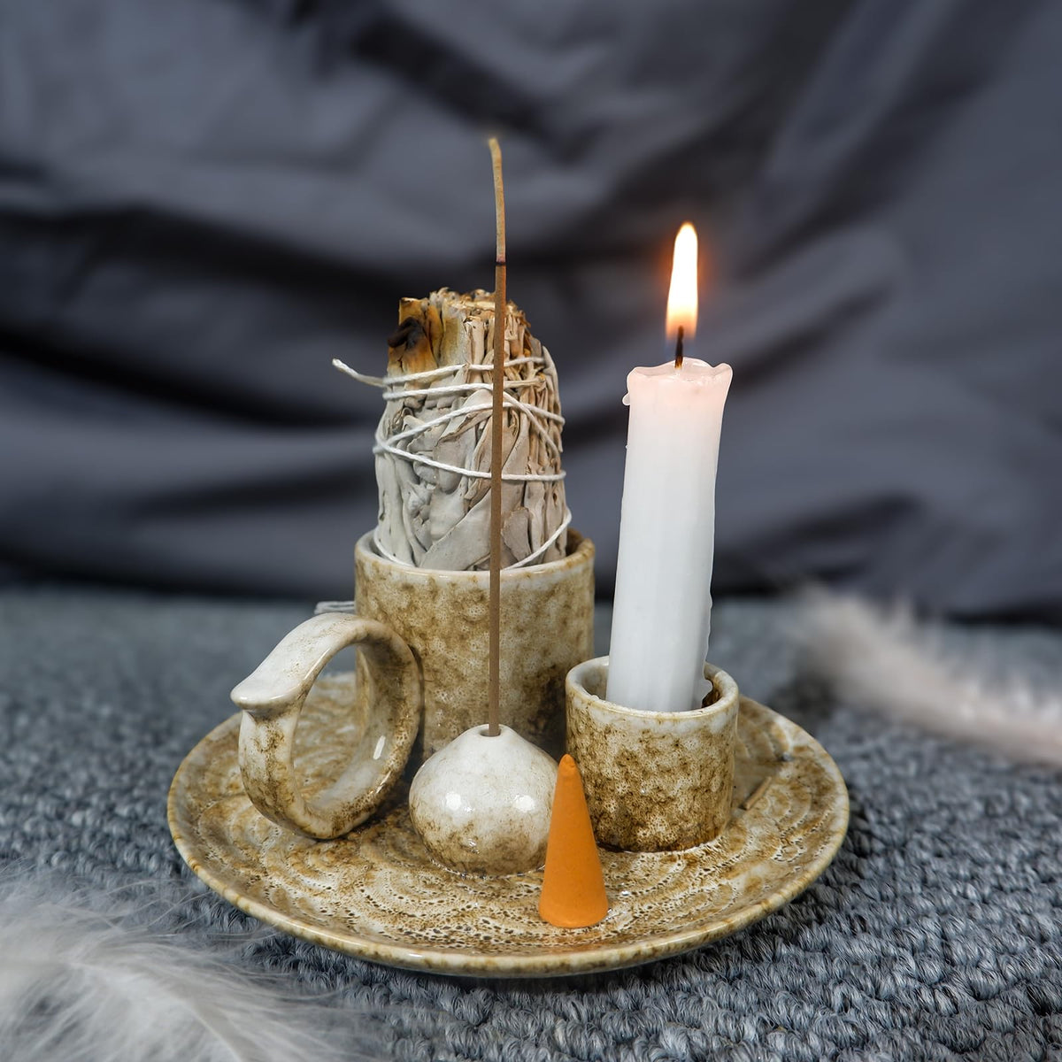5 in 1 Ceramic Tabletop Incense Burner Holder for Palo Santo (Brown)
