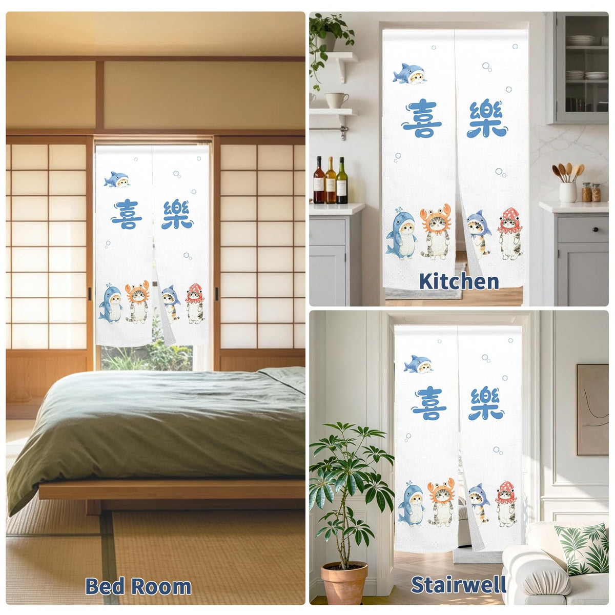 Funny Cat Noren Curtain Japanese Doorway Curtain for Door (Kawaii Sea Animal Cartoon Cat)