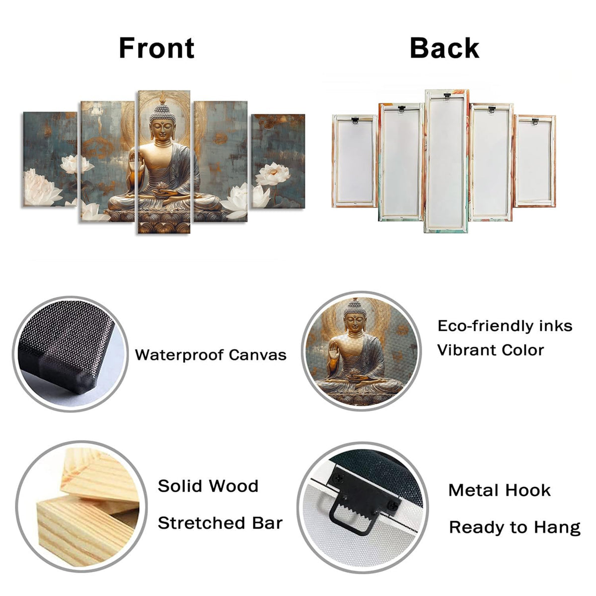Buddha Canvas Wall Art 5 Piece Zen Wall Decor Buddhism Meditation Painting for Spiritual Room Living Room Home Decor Office Framed (50x24 inch / Picture-1)
