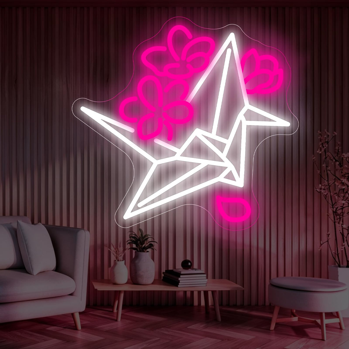 Origami Paper Crane Neon Sign for Bedroom Japanese Floral Zen Wall Decor (Origami Crane)