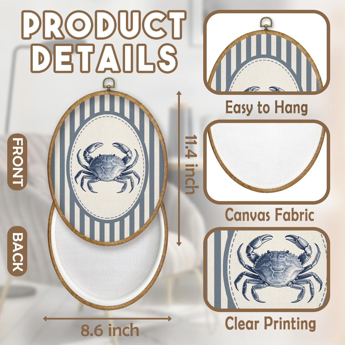 Blue Coastal Beach Crab Oval Wall Art Decor (Color056)