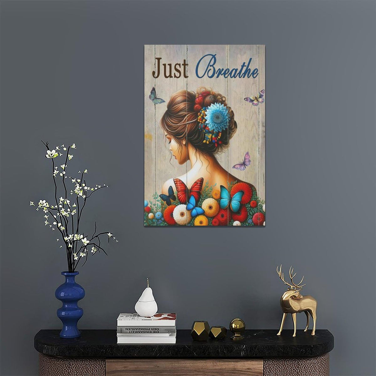 Just Breathe Butterfly Girl Wall Art Aesthetic Girls Room Decor Colorful Flying Butterfly female Woman Pictures Canvas Painting Artwork Decorations Framed for Bedroom Bathroom Office 16 x 24 inch (24"L x 16"W / Butterfly Girl)