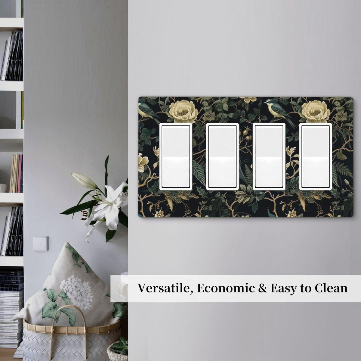 Spring Black Boho Floral Leaf 4 Gang Quad Rocker (Spring Black Boho Floral Leaf / 4 Gang Rocker Screwless)