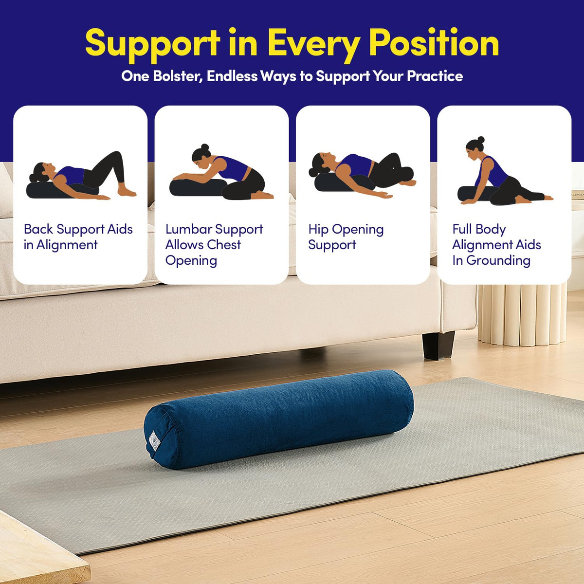 Premium Yoga Bolster Pillow 6β³ Γ 26β³ (Navy Blue / Bolster (Filled with EPS Beans))