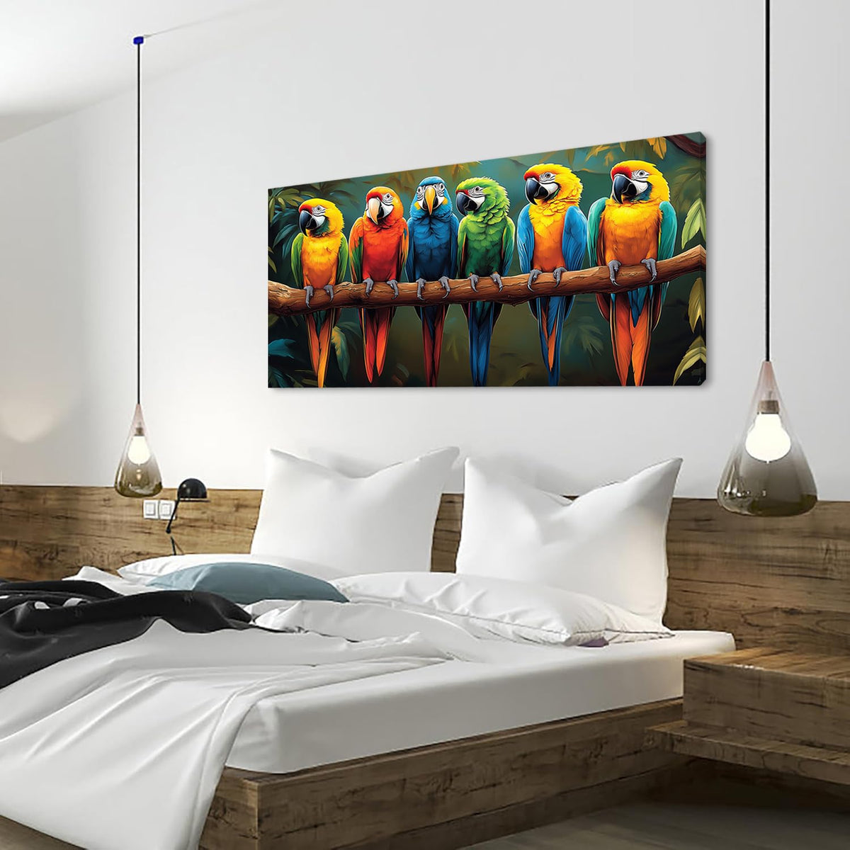 Vibrant Multicolor Parrots Wall Art for Living Room Office Realistic Tropical Jungle Wildlife Nature Painting Prints Contemporary Canvas Artwork Dining Bedroom Decor (Contemporary / Vibrant Multicolor Parrots Wall Art / 40"L x 20"W)