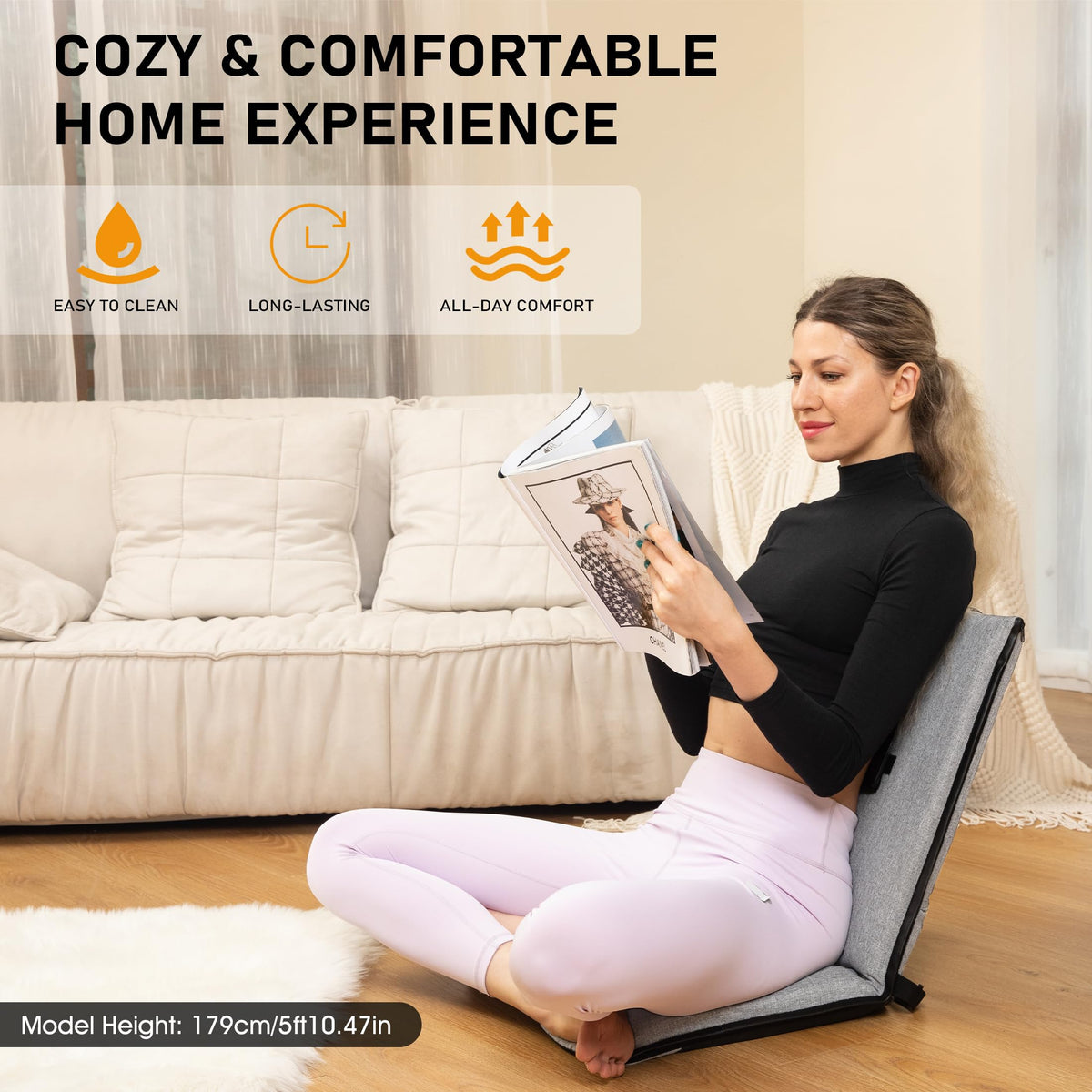 Floor Chair with Back Support Portable Meditation Seat for Adults (Light Grey & Black)