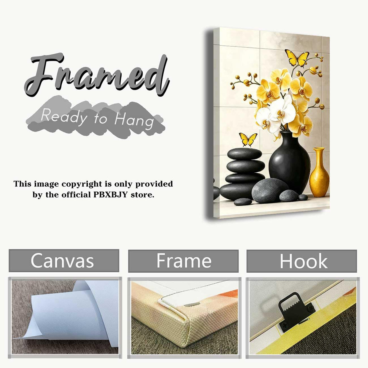 Orchid Flower Canvas Wall Art Zen Bathroom Pictures Prints Spa Stone Butterfly Wall Decor Black White Yoga Meditation Paintings for Living Room Bedroom (Yellow / 30"L x 20"W)