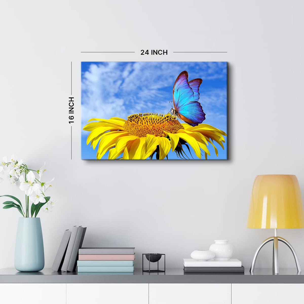 Sunflower Wall Art Bathroom Decor Blue Butterfly Canvas Pictures for Bedroom Sunflower Wall Decor Floral Posters Living Room Kitchen Home Decoration Yellow Sunshine Flower Painting Modern Artwork (24"L x 16"W / Sunflower Butterfly)