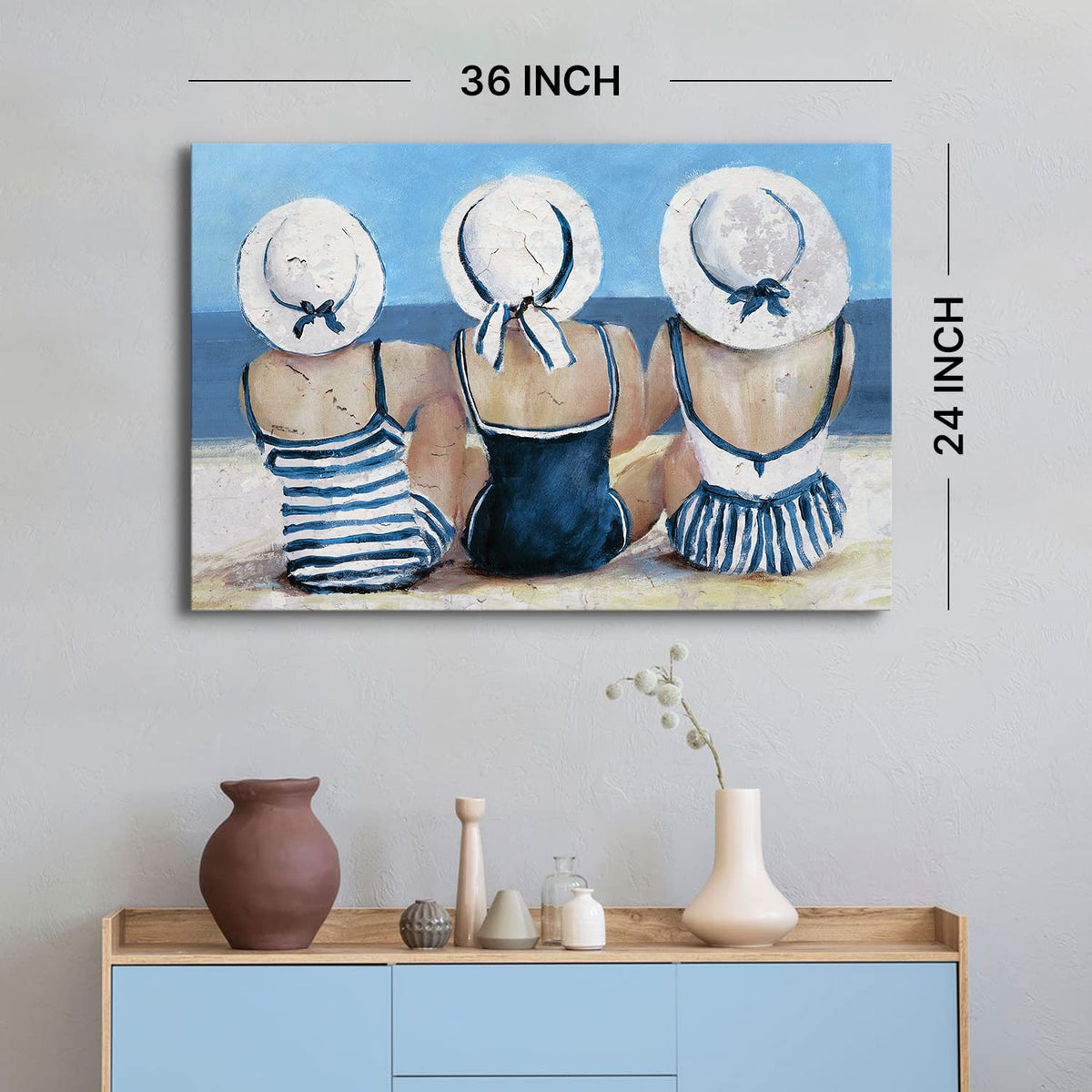 Vintage Beach Wall Art Coastal Bathroom Decor for Girl Navy Blue and White Tropical Ocean Seascape Canvas Prints Picture Retro Swimsuit Woman Nautical Artwork for Living Room Bedroom Decoration 24x36" (36"L x 24"W / Beach Girls)