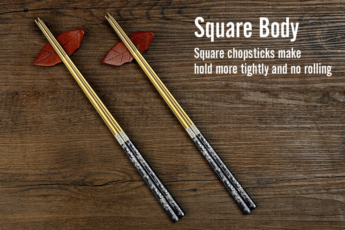Chopsticks Reusable Titanium Plated Metal Chopsticks 304 Stainless Steel Chopstick Dishwasher safe Japanese Korean lightweight Engraved Anti (Black/Gold)
