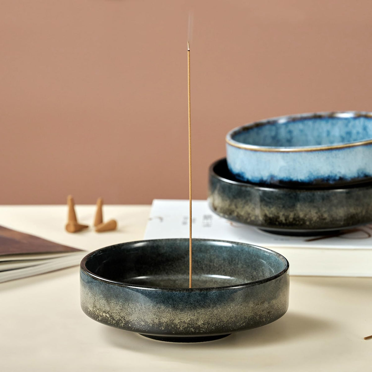 6" Thickened Ceramic Incense Holder Burner Bowl for Sticks with 10 Holes (Black)