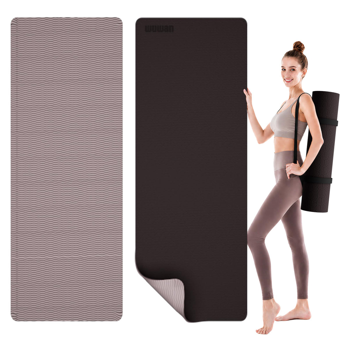 TPE Yoga Mat10mm Thick Wide Exercise Mat for Home Workout Carry Strap (brown)